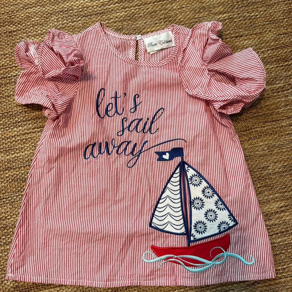 Rare Editions Girls Size 4 Let’s Sail Away Nautical Sailboat Ruffle Top Red
